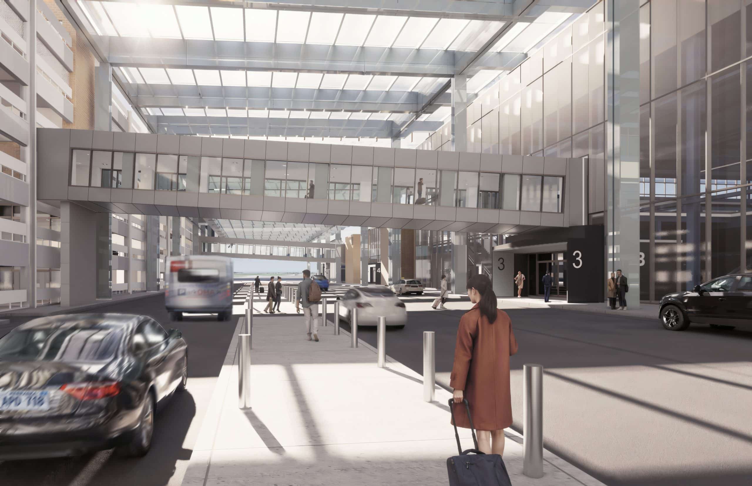 Omaha Central Skywalk at the Airport, photographed from the street view